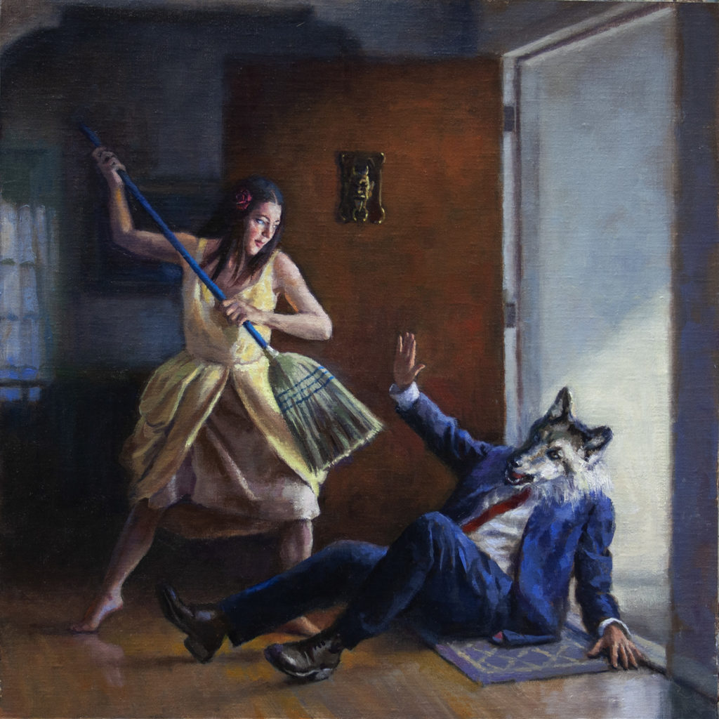 a wolf is being pushed out a door by a woman with a broom.